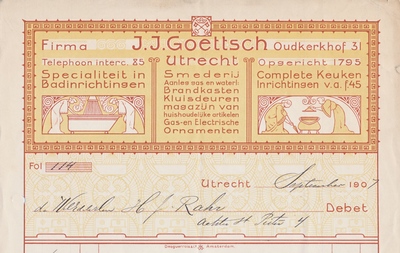 711124 Kop van een nota van de Firma J..J. Goettsch, Specialiteit in Badinrichtingen, Aanleg Gas- en Waterleiding, ...